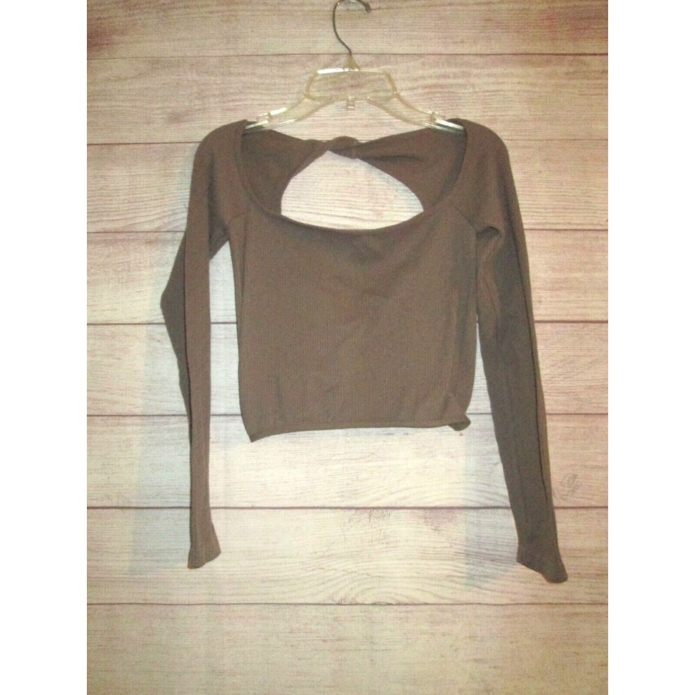 Somewhere In L.A Crop Top Women’s Medium Tan Open Back Ribbed Solid Shirt